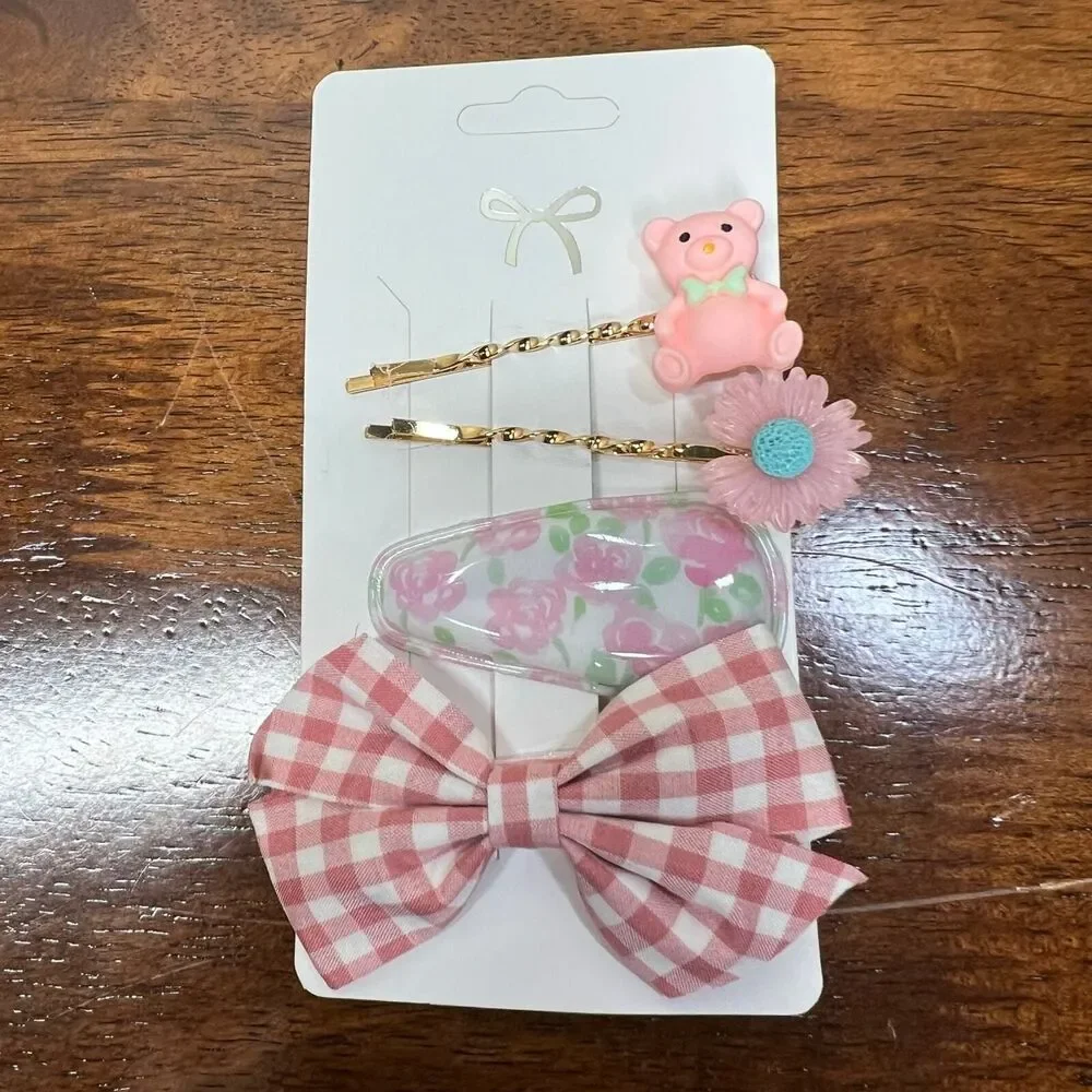 Hair pins fashion bear flower ribbon hair pin 4PC set Pink anime LA Comic Con